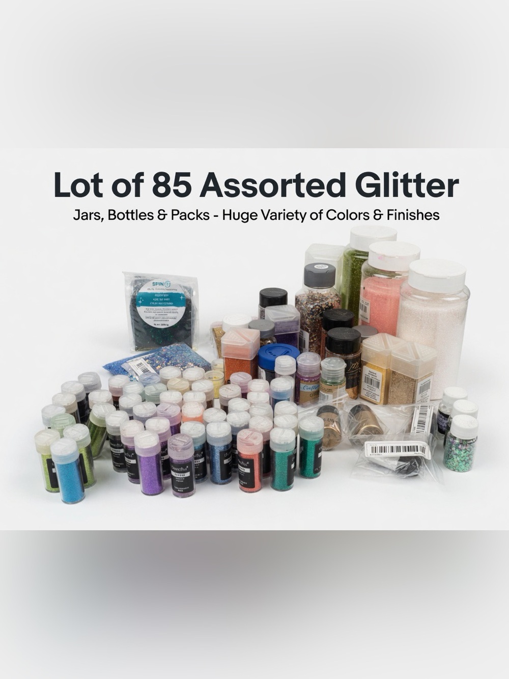 Huge Lot of 85 Assorted Glitter Jars Bottles Vials Packs Bulk Mixed Colors